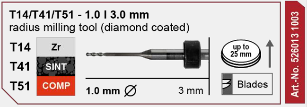 T14/T41/T51 Milling tool - 1.0mm | 3mm shank (Diamond Coated