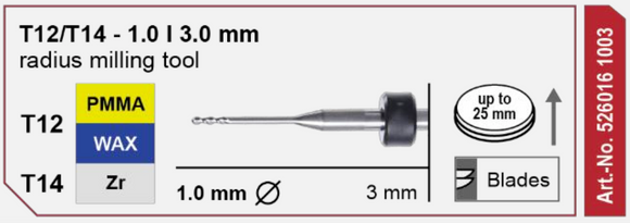 T12/T14 Milling tool - 1.0mm | 3mm Shank (PMMA, Wax, Zr)
