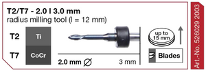 T2/T7 Milling tool - 2.0mm | 3mm Shaft (Ti, CoCr)