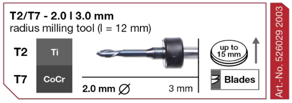 T2/T7 Milling tool - 2.0mm | 3mm Shaft (Ti, CoCr)