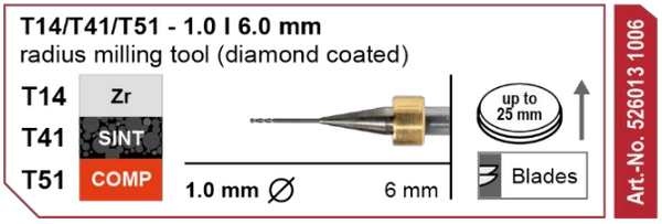 T14/T41/T51 Milling tool - 1.0mm | 6mm shank (Diamond Coated