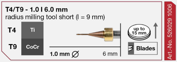 T4/T9 Milling tool - 1.0mm | 6mm Shank (Ti, CoCr)