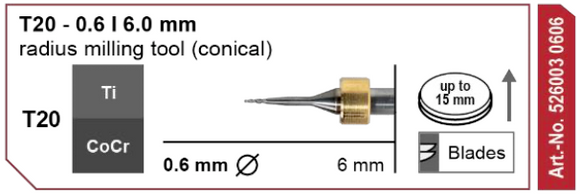 T20 milling tool - 0.6mm | 6mm Shank (Conical)